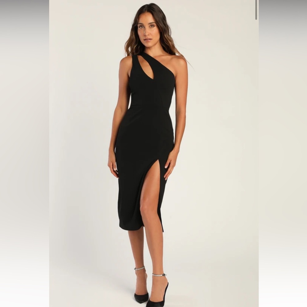 Flirtatious Nights Black One-Shoulder Cutout Bodycon Midi Dress